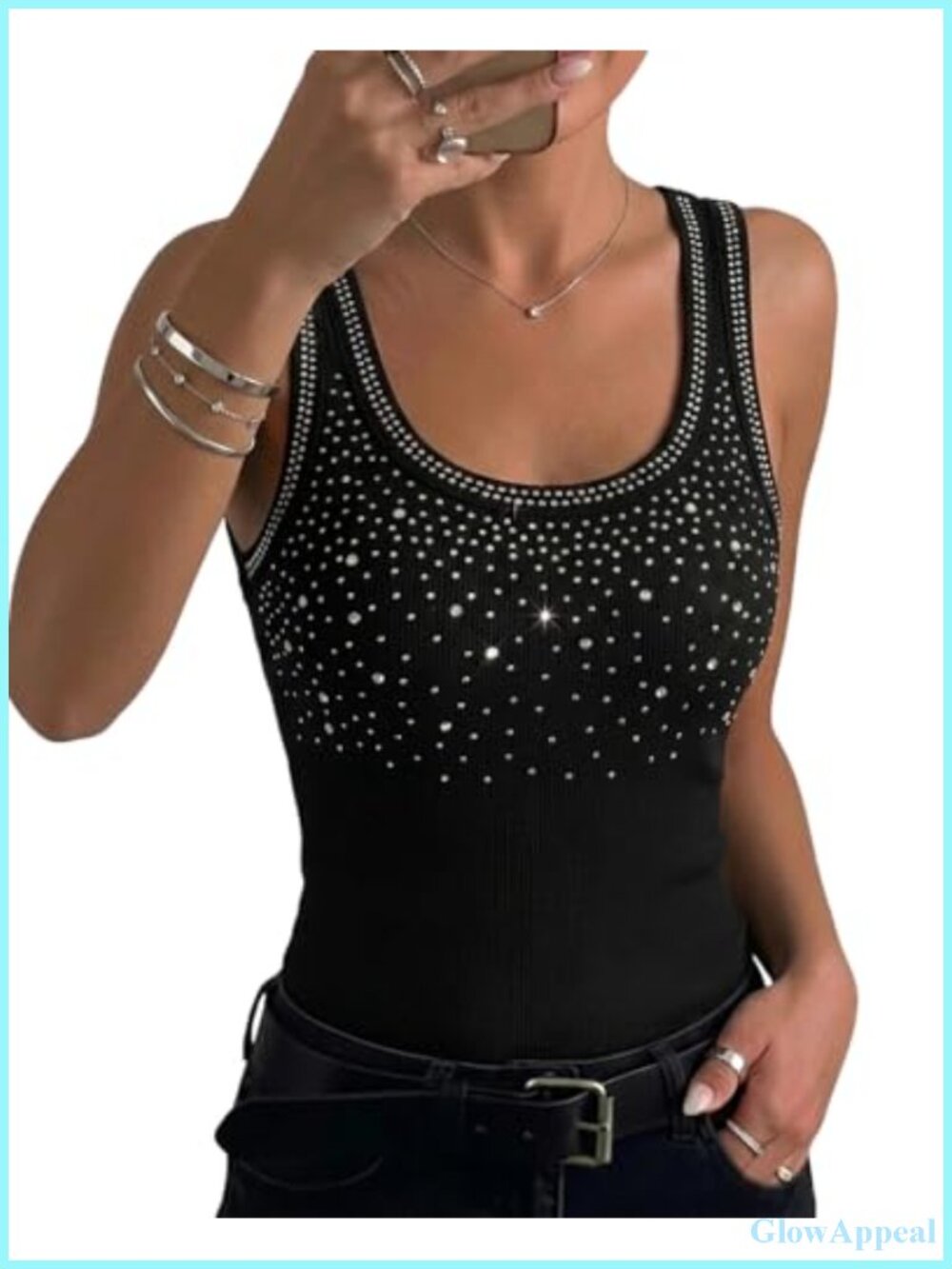Rhinestone Tank Top Fitted Ribbed Sleeveless U-Neck Women